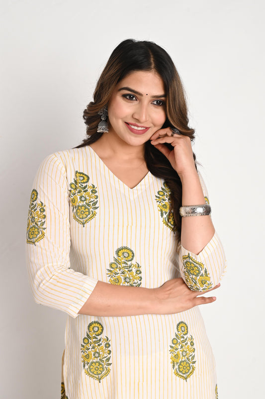 Yellow Handblock Print Luxury Cotton Suit Set with Pant and Mul Dupatta