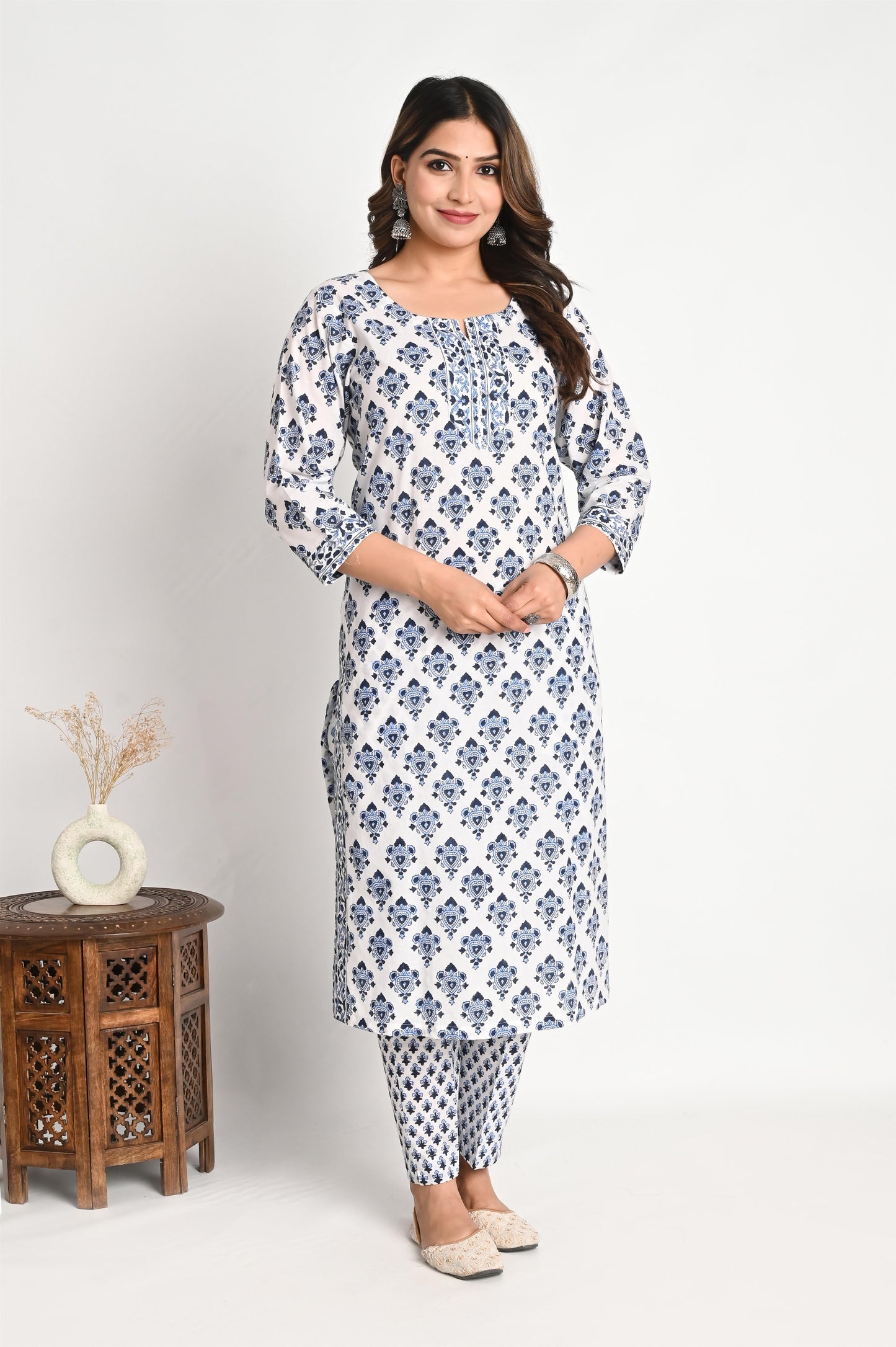 Blue Handblock Print Luxury Cotton Suit Set with Mul Dupatta