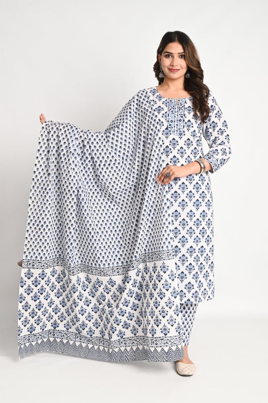 Blue Handblock Print Luxury Cotton Suit Set with Mul Dupatta