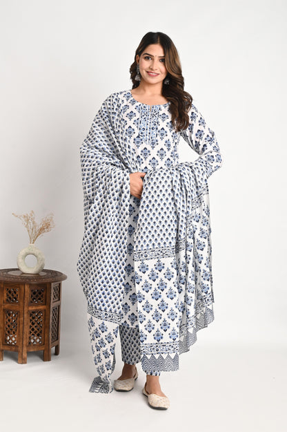 Blue Handblock Print Luxury Cotton Suit Set with Mul Dupatta