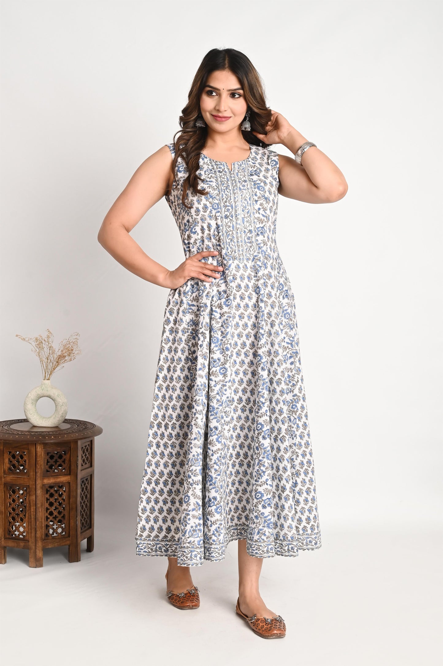 Sleeveless Premium Cotton Handblock Multi Print Dress