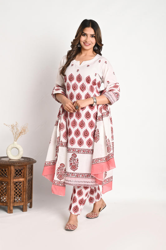 Maroon Designer One Piece Premium Cotton Handblock Printed Suit Set with Mul Dupatta