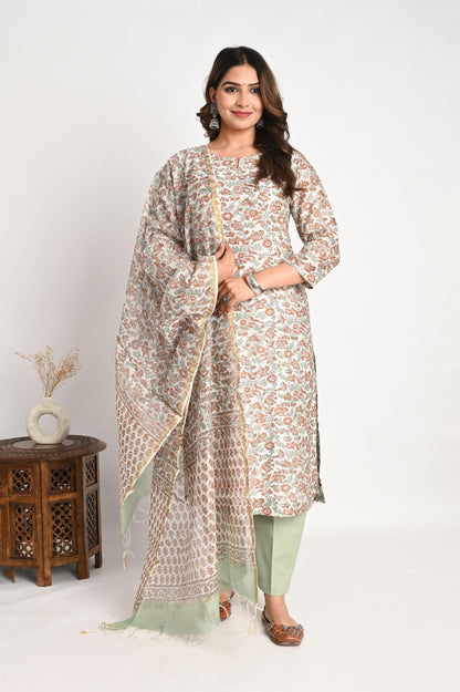 Pista Green Premium Chanderi Handblock Suit Set with Chanderi Dupatta