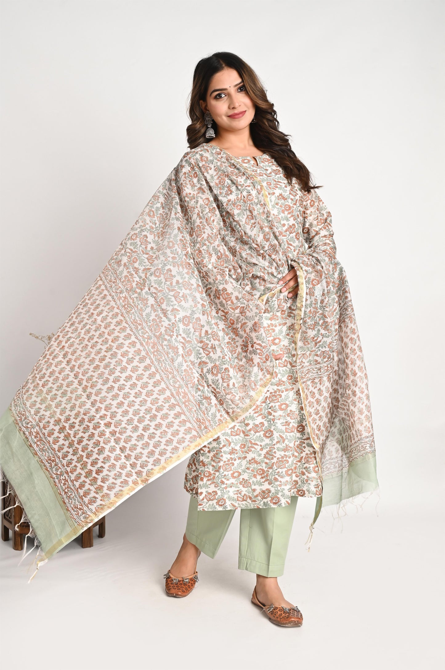 Pista Green Premium Chanderi Handblock Suit Set with Chanderi Dupatta