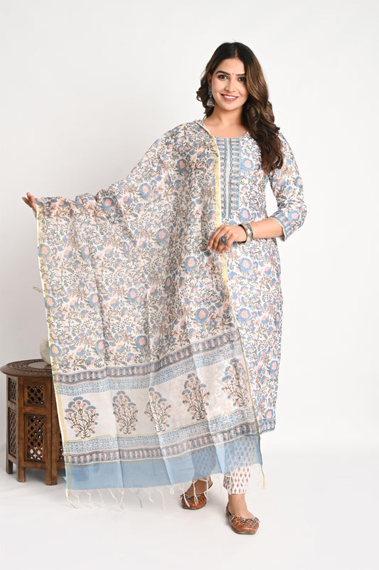 Floral Print Chanderi Suit Set with Chanderi Dupatta