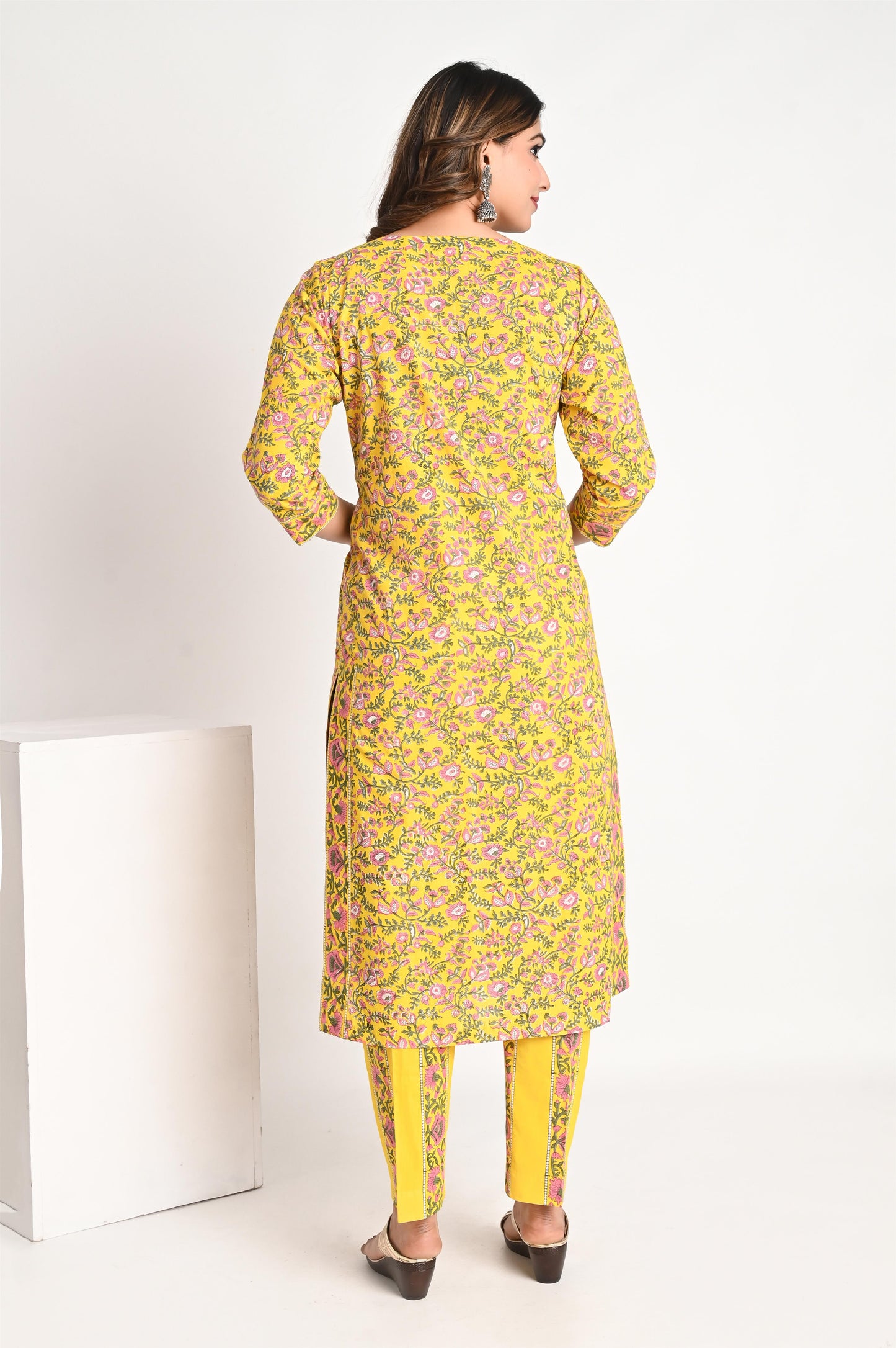 Bright Yellow Premium Cotton Handblock Print Suit Set with Mull Dupatta