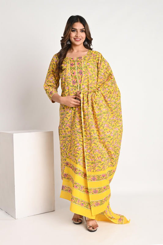 Bright Yellow Premium Cotton Handblock Print Suit Set with Mull Dupatta