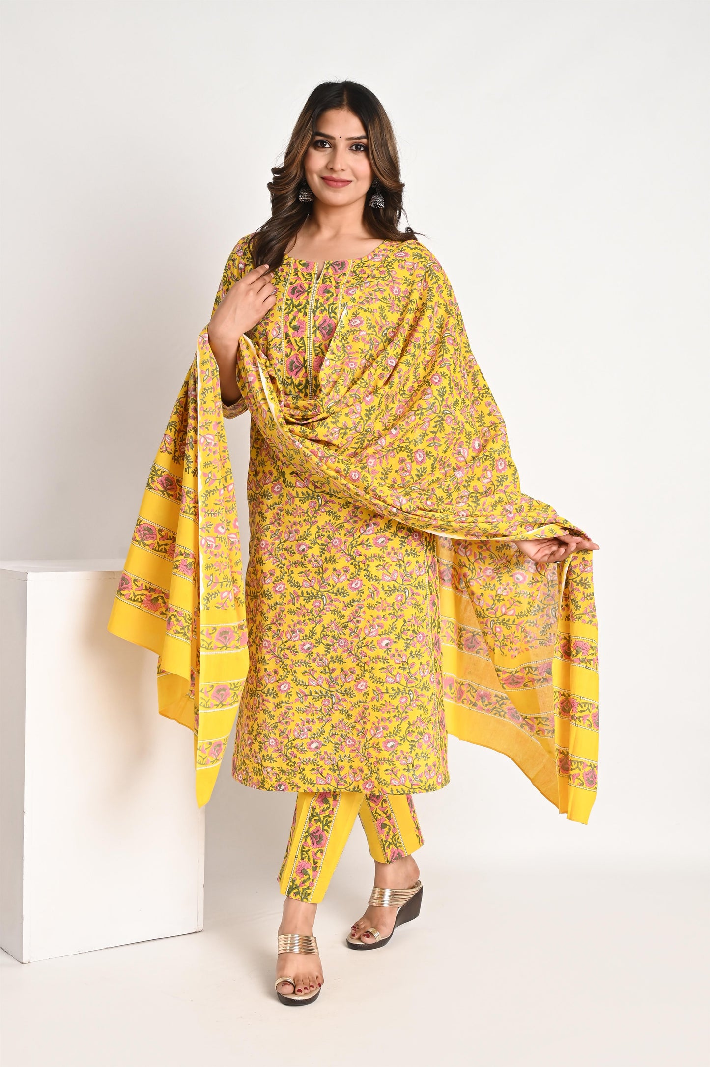 Bright Yellow Premium Cotton Handblock Print Suit Set with Mull Dupatta