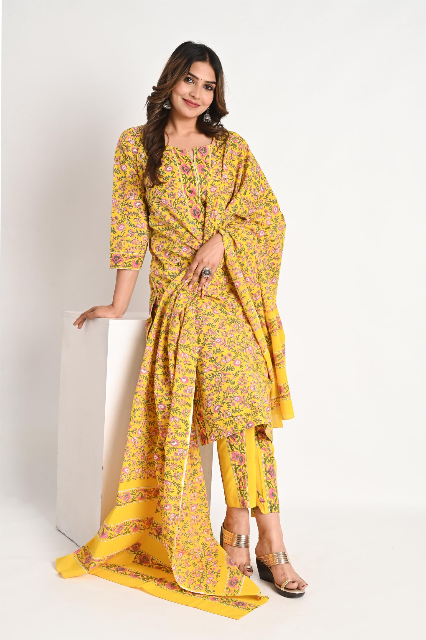 Bright Yellow Premium Cotton Handblock Print Suit Set with Mull Dupatta