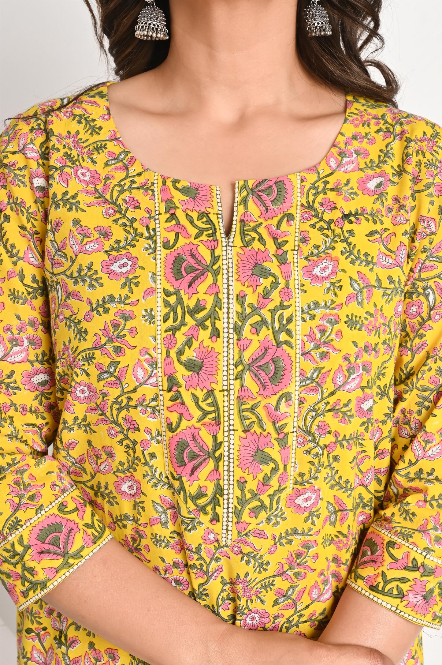 Bright Yellow Premium Cotton Handblock Print Suit Set with Mull Dupatta