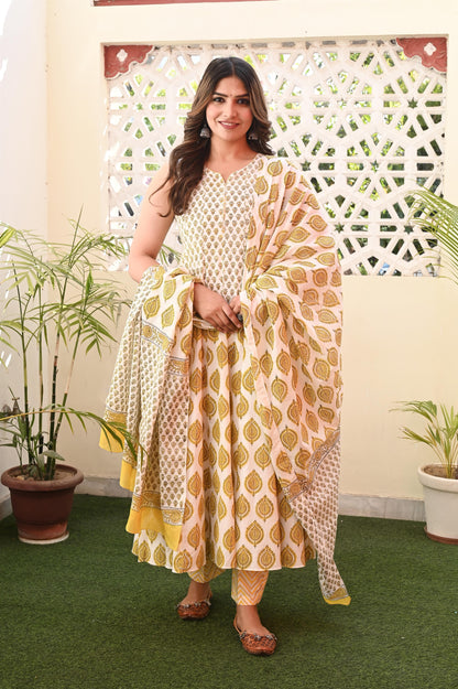 Yellow Sleeveless Premium Cotton Anarkali Suit Set with Mul Dupatta