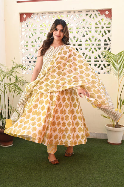 Yellow Sleeveless Premium Cotton Anarkali Suit Set with Mul Dupatta