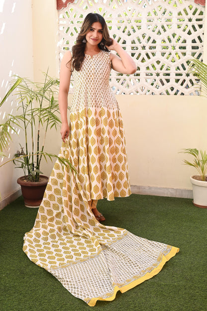 Yellow Sleeveless Premium Cotton Anarkali Suit Set with Mul Dupatta