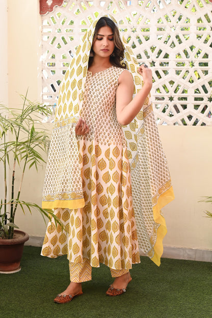 Yellow Sleeveless Premium Cotton Anarkali Suit Set with Mul Dupatta