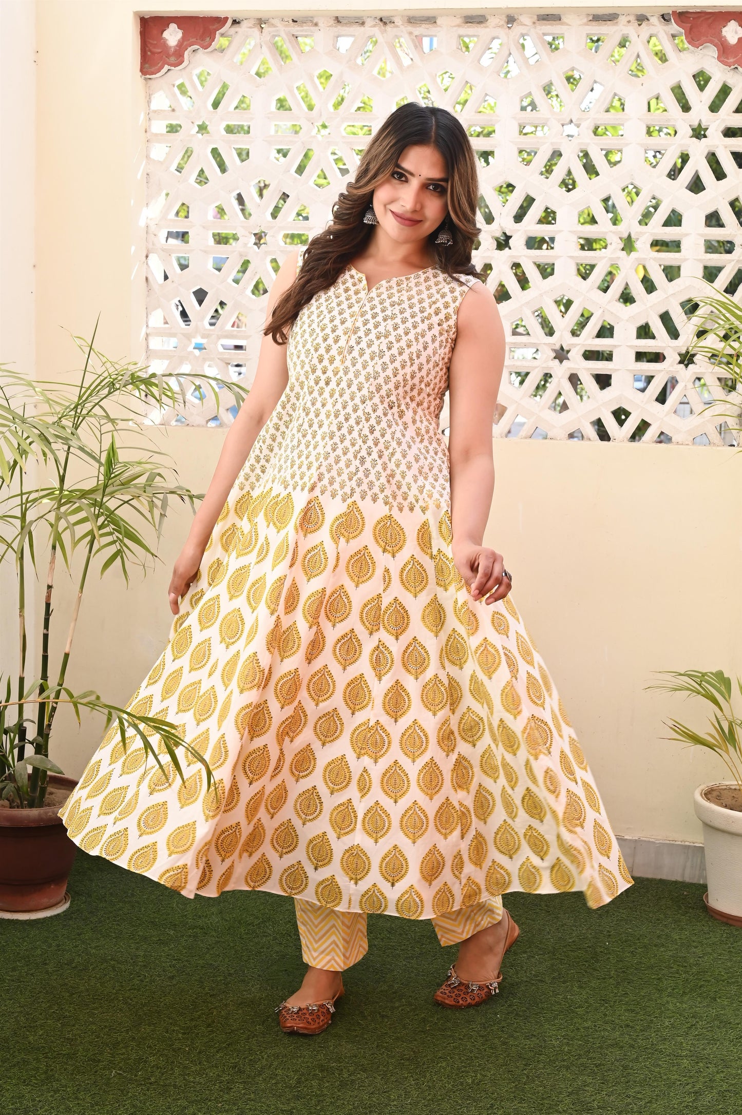 Yellow Sleeveless Premium Cotton Anarkali Suit Set with Mul Dupatta