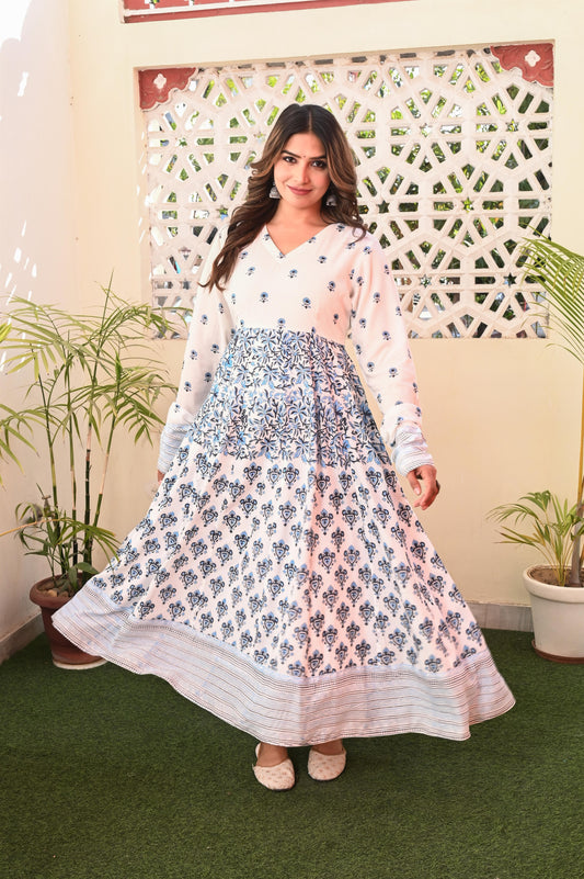 Blue Multi Print Organic Viscose Anarkali Dress