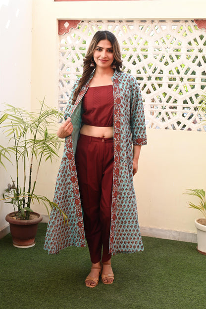 Turquoise Blue Buti Printed Chanderi Kali Jacket with maroon top and bottom