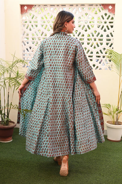 Turquoise Blue Buti Printed Chanderi Kali Jacket with maroon top and bottom