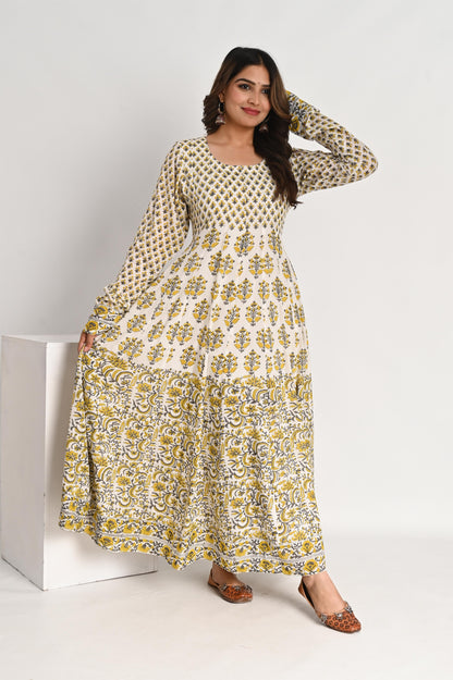 Yellow Multi Print Organic Viscose Anarkali Dress