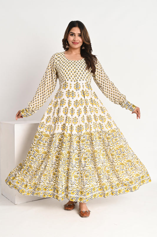 Yellow Multi Print Organic Viscose Anarkali Dress