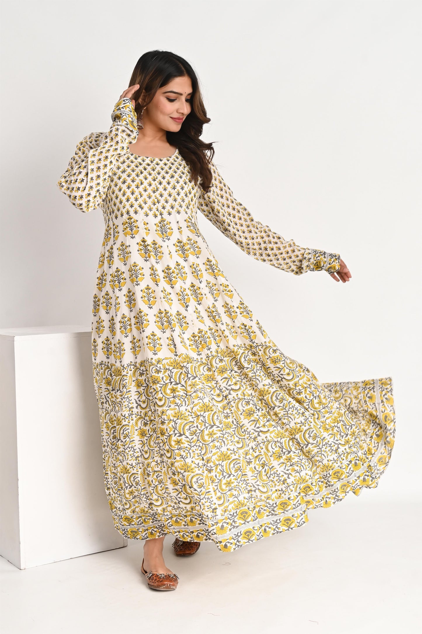 Yellow Multi Print Organic Viscose Anarkali Dress