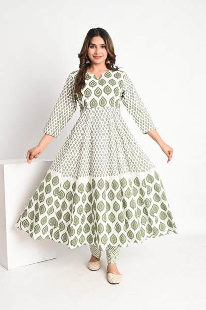 Green Multi Handblock Printed Anarkali Suit Set with Mul Dupatta