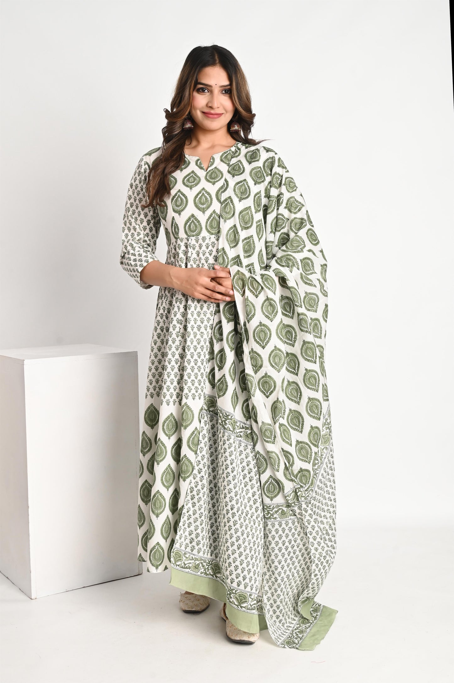 Green Multi Handblock Printed Anarkali Suit Set with Mul Dupatta