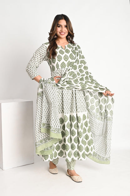 Green Multi Handblock Printed Anarkali Suit Set with Mul Dupatta