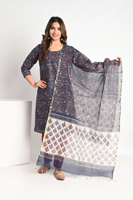 Indigo Blue Handblock Premium Chanderi Suit Set with Chanderi Dupatta