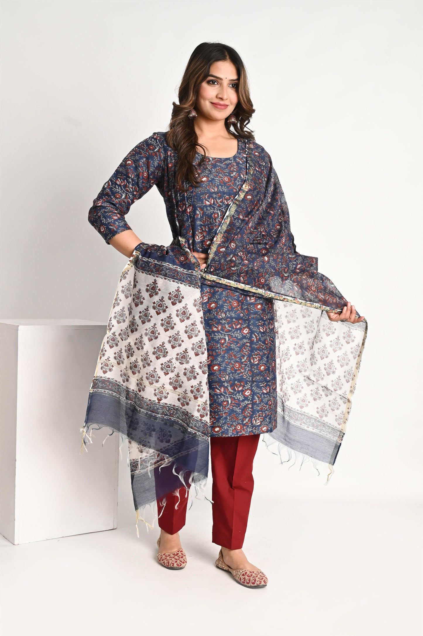 Indigo Blue Handblock Premium Chanderi Suit Set with Chanderi Dupatta