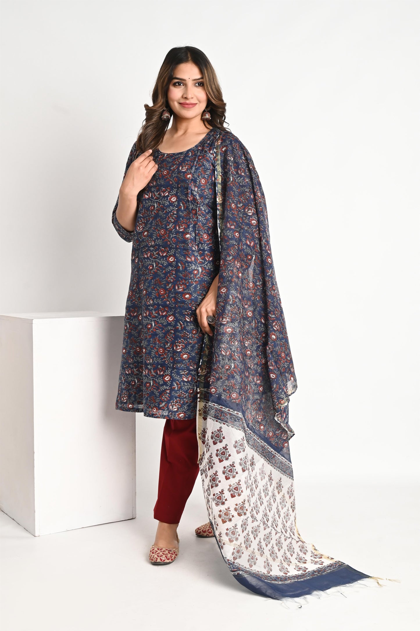 Indigo Blue Handblock Premium Chanderi Suit Set with Chanderi Dupatta