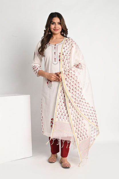 Maroon Buti Handblock Printed Cotton Suit Set with Chanderi Dupatta