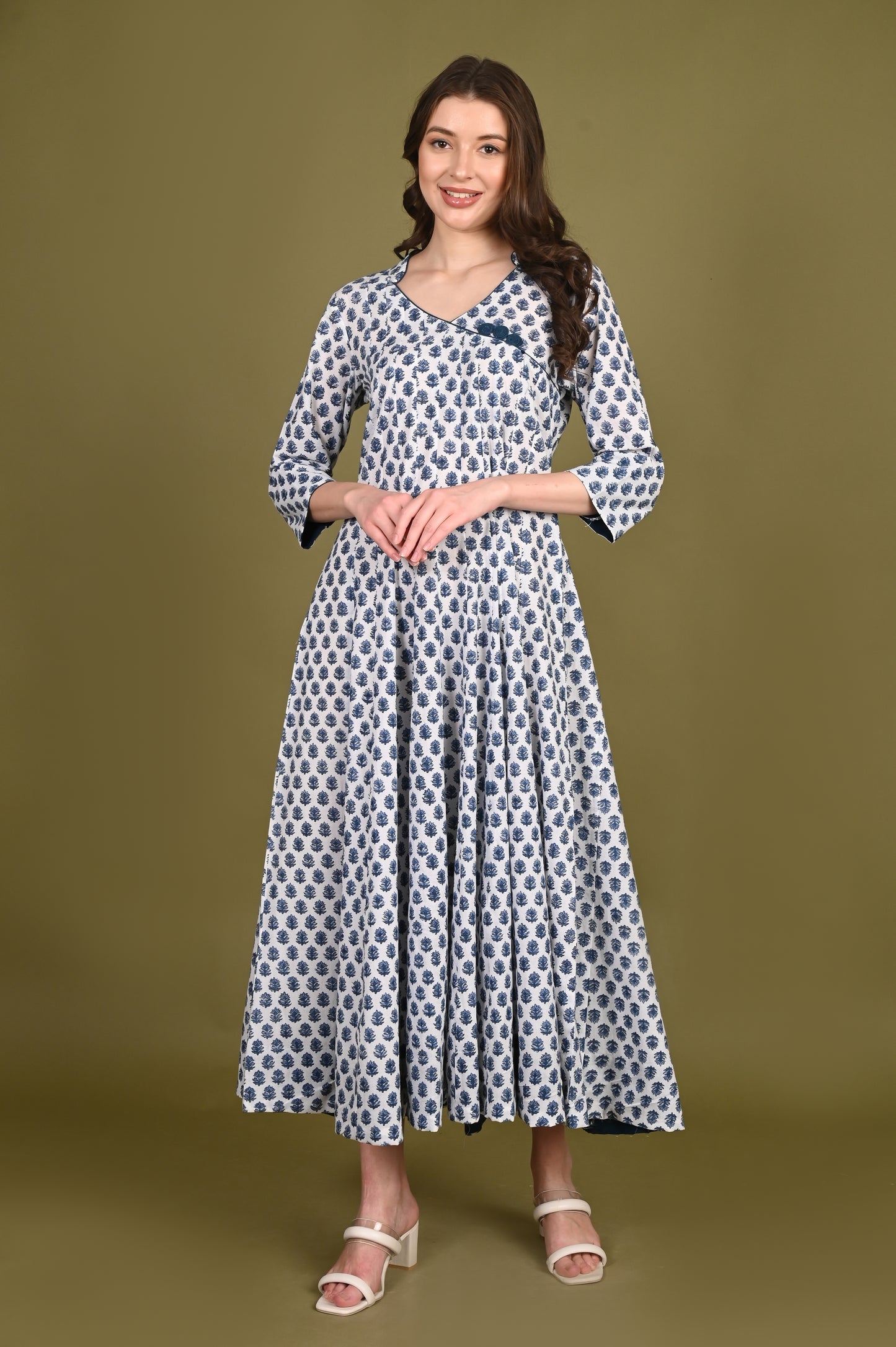 Blue Premium Cotton Buti Handblock Print Long Dress