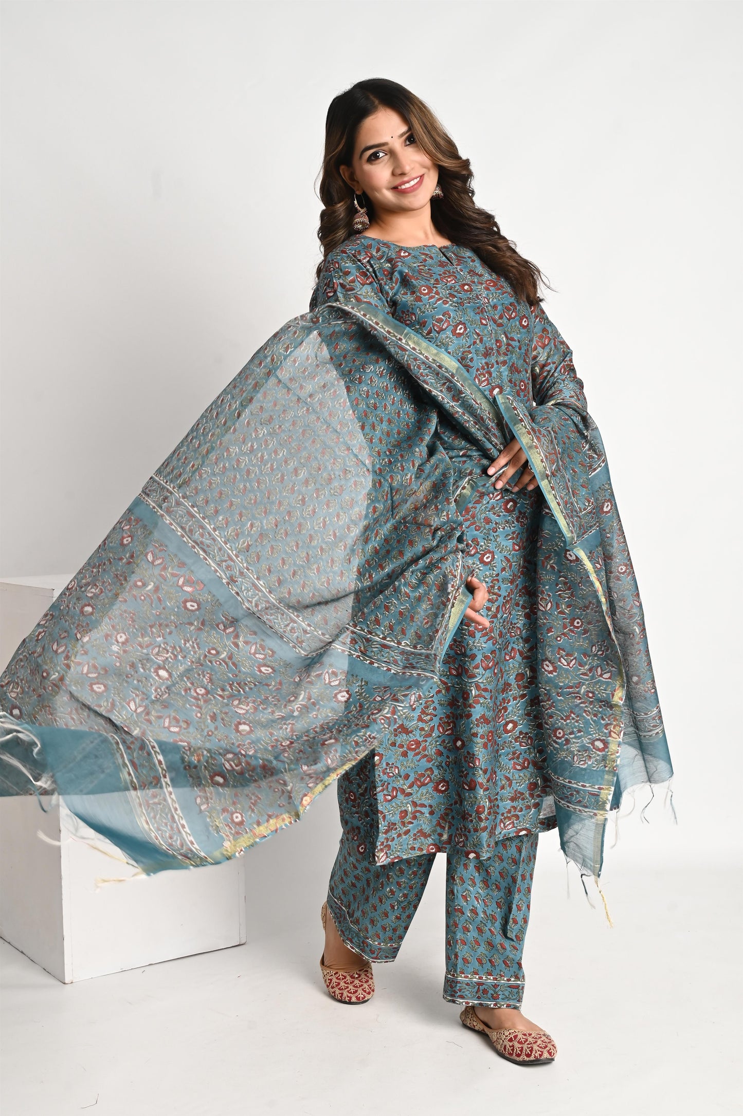 Turquoise Green Handblock Premium Chanderi Suit Set with Chanderi Dupatta