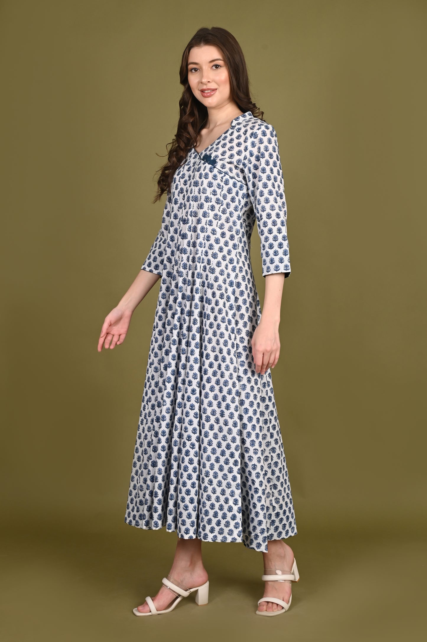 Blue Premium Cotton Buti Handblock Print Long Dress