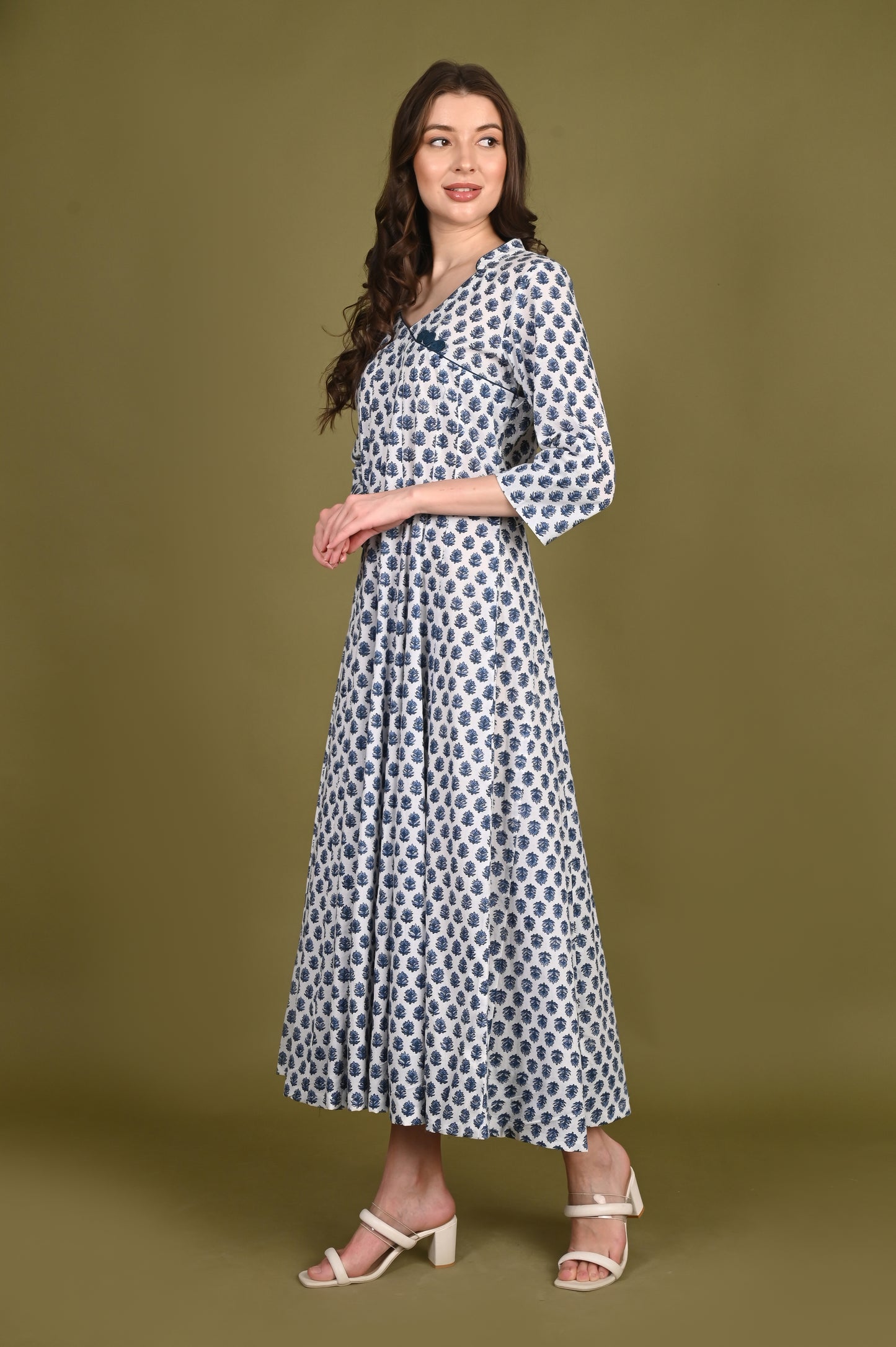 Blue Premium Cotton Buti Handblock Print Long Dress