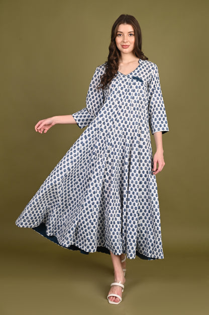 Blue Premium Cotton Buti Handblock Print Long Dress