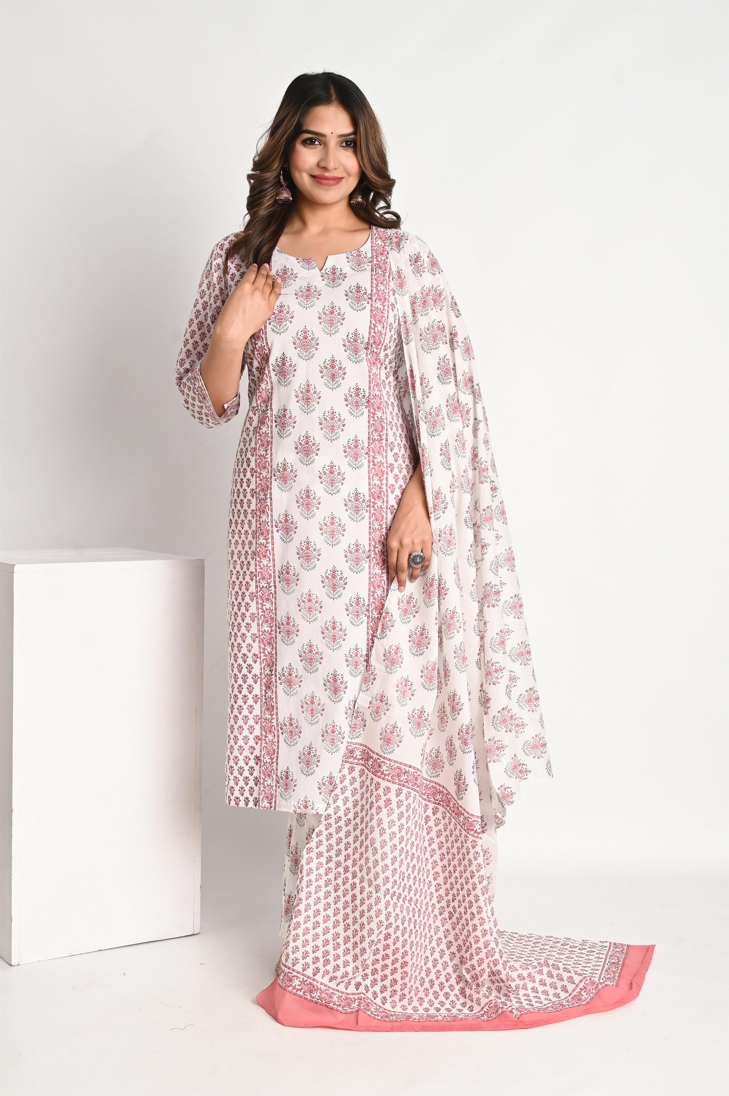 Pink Buta Handblock printed Luxury Cotton Suit Set with Mul Dupatta