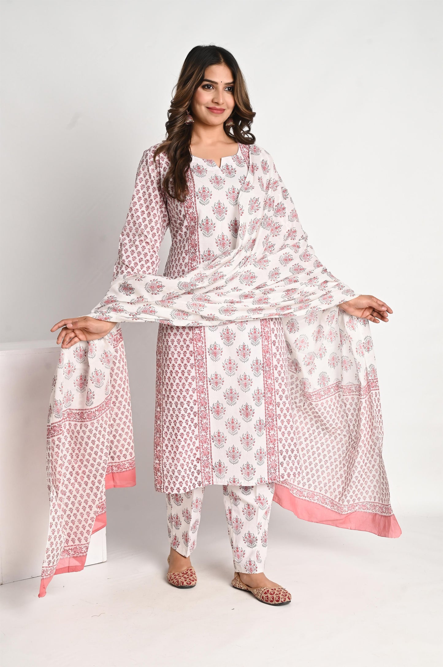 Pink Buta Handblock printed Luxury Cotton Suit Set with Mul Dupatta