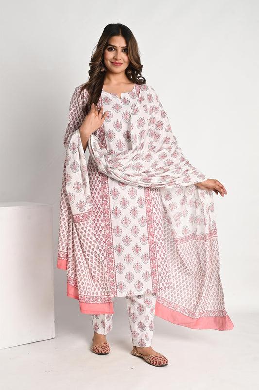 Pink Buta Handblock printed Luxury Cotton Suit Set with Mul Dupatta