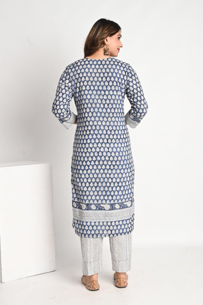 Navy Blue Small Buti handblock Printed Suit Set with Matching Mul  Dupatta