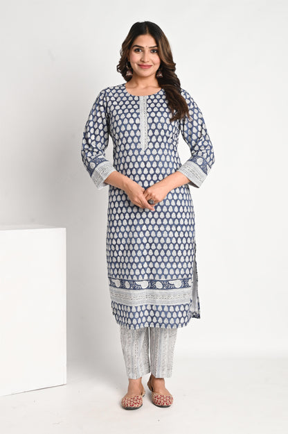 Navy Blue Small Buti handblock Printed Suit Set with Matching Mul  Dupatta