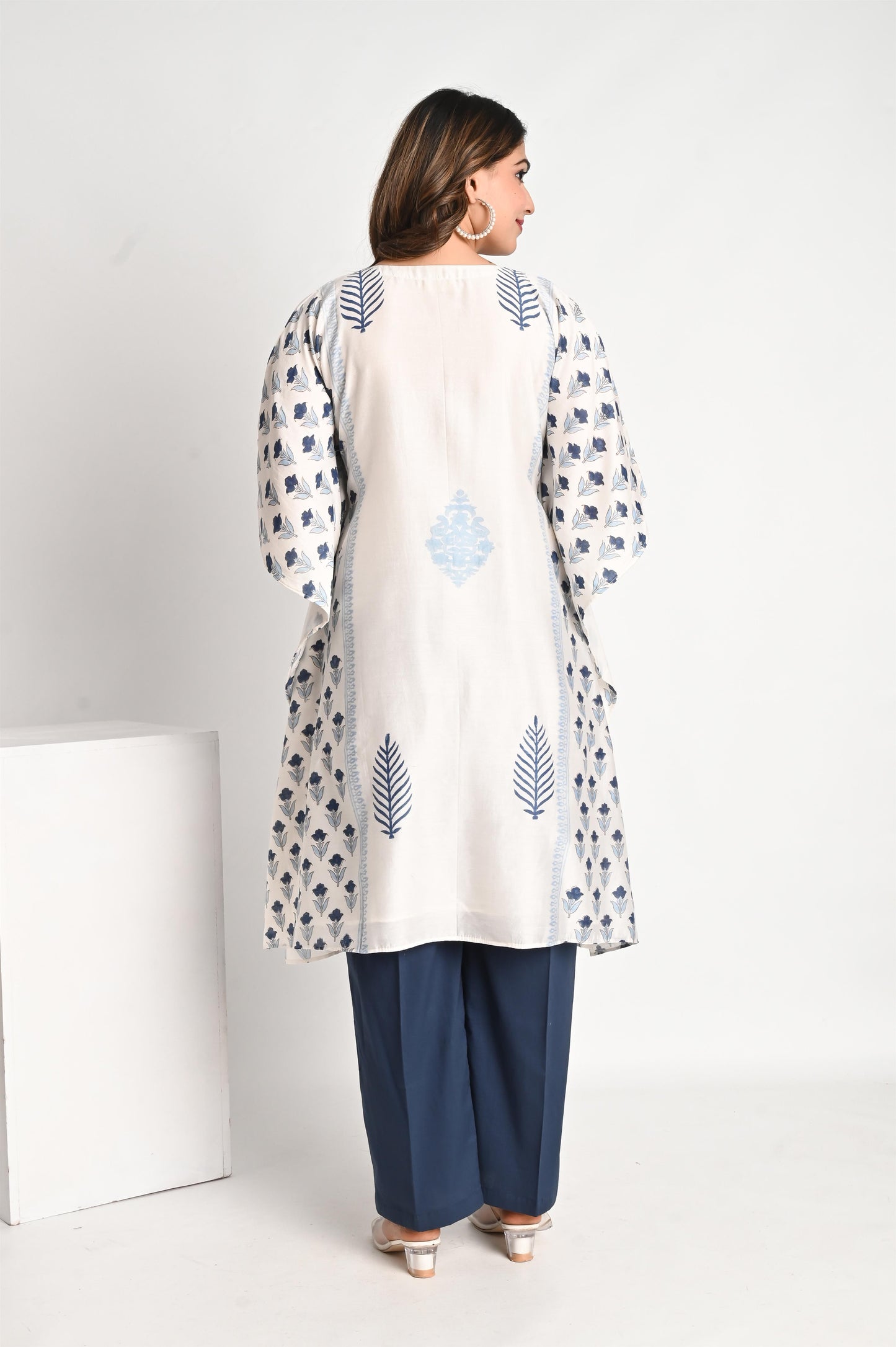 Navy Blue Handblock Printed Chanderi Kaftan With Matching Pant