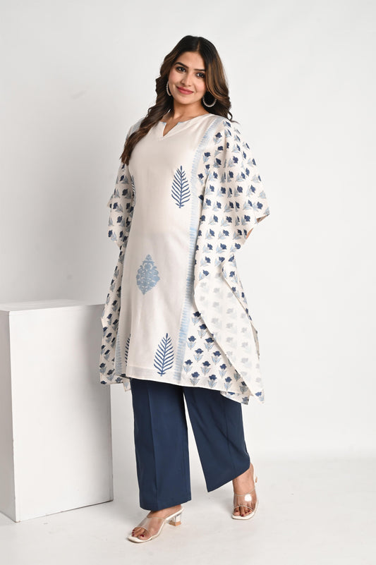 Navy Blue Handblock Printed Chanderi Kaftan With Matching Pant