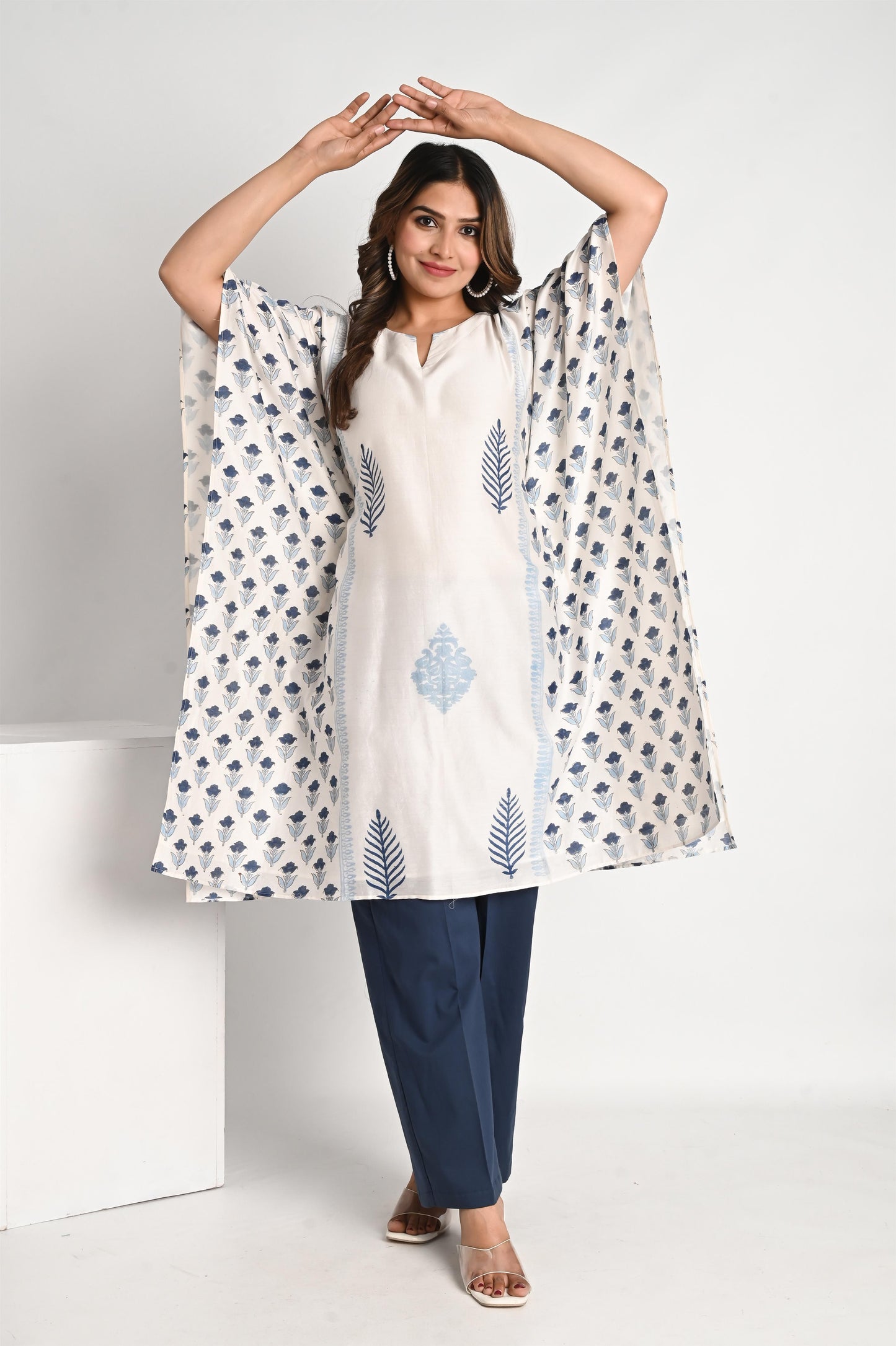 Navy Blue Handblock Printed Chanderi Kaftan With Matching Pant