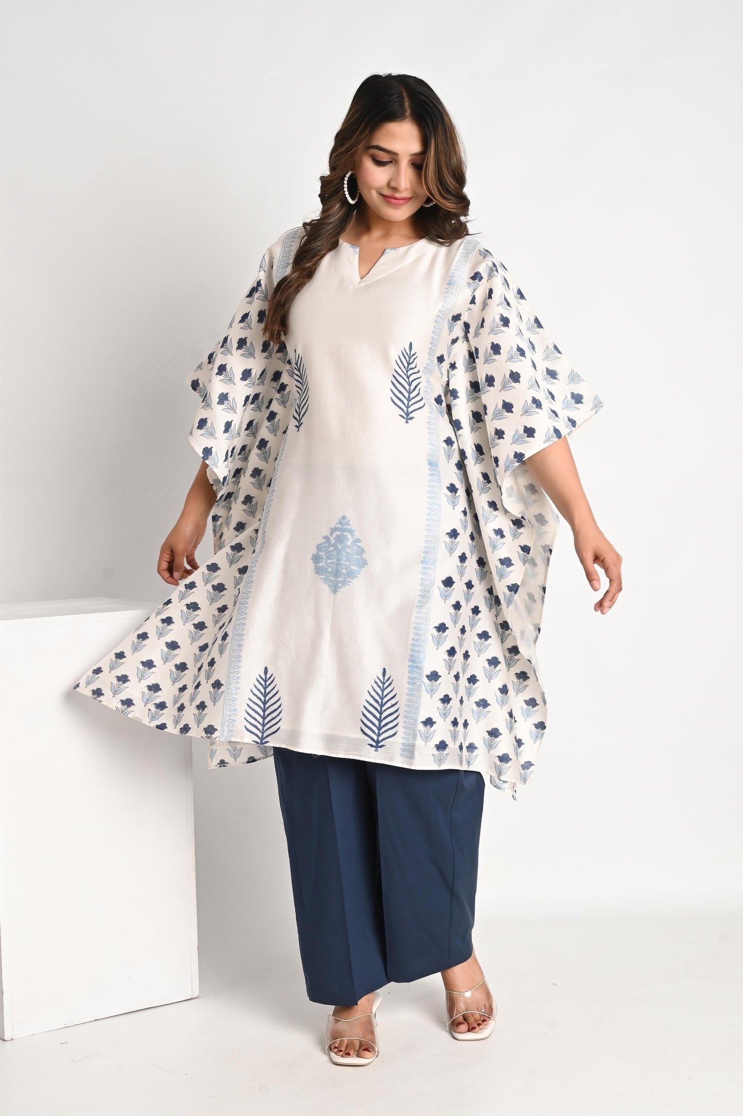 Navy Blue Handblock Printed Chanderi Kaftan With Matching Pant