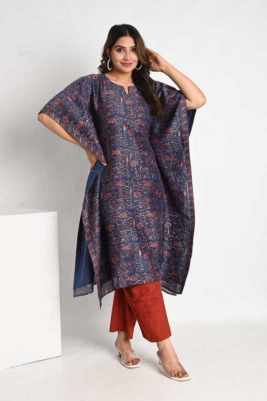 Indigo Blue Handblock Printed Chanderi Kaftan with Maroon Pant