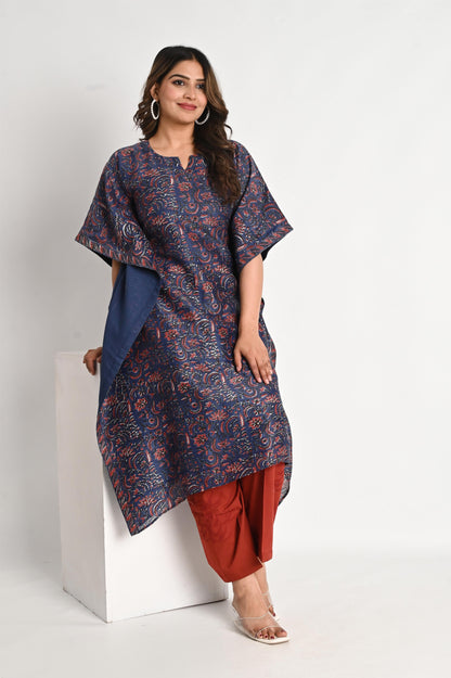 Indigo Blue Handblock Printed Chanderi Kaftan with Maroon Pant