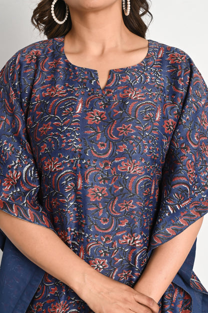 Indigo Blue Handblock Printed Chanderi Kaftan with Maroon Pant