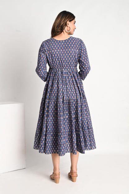 Indigo Blue Buti Printed Premium Cotton Tiered Dress